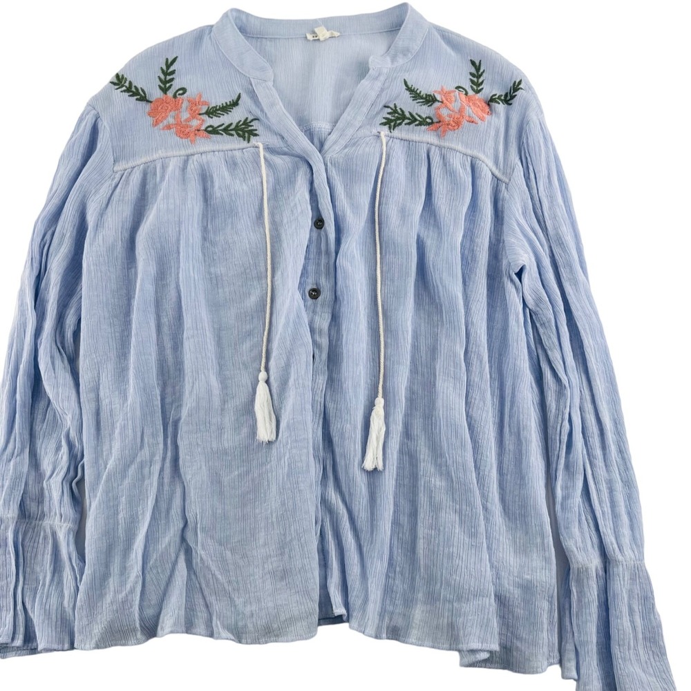 En Creme Women's size Large Blouse embroidered Blue Boho Long Sleeves